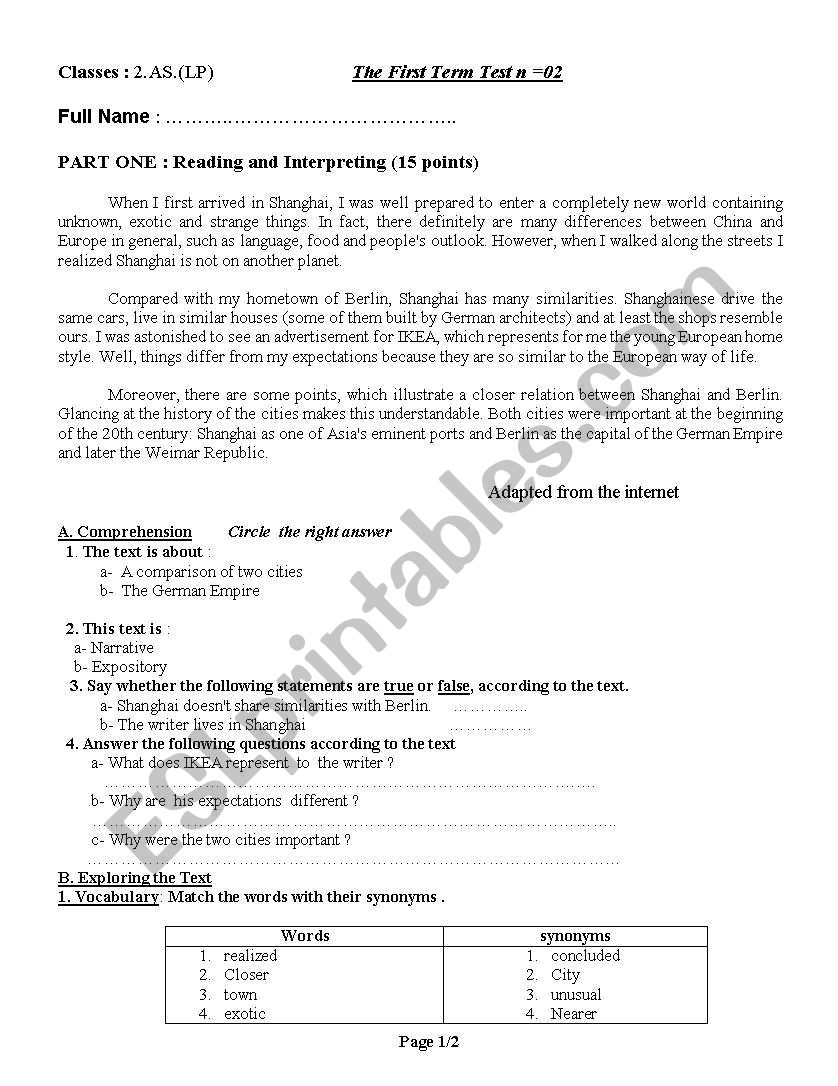 Diversity test worksheet