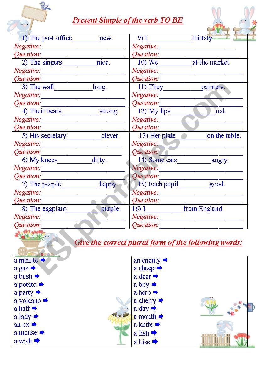 Present Simple of the verb TO BE. Plural form of nouns. 