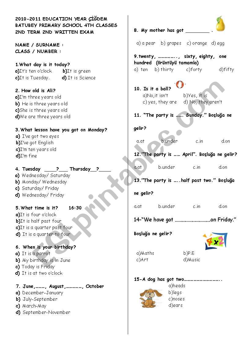 4th grade exam worksheet