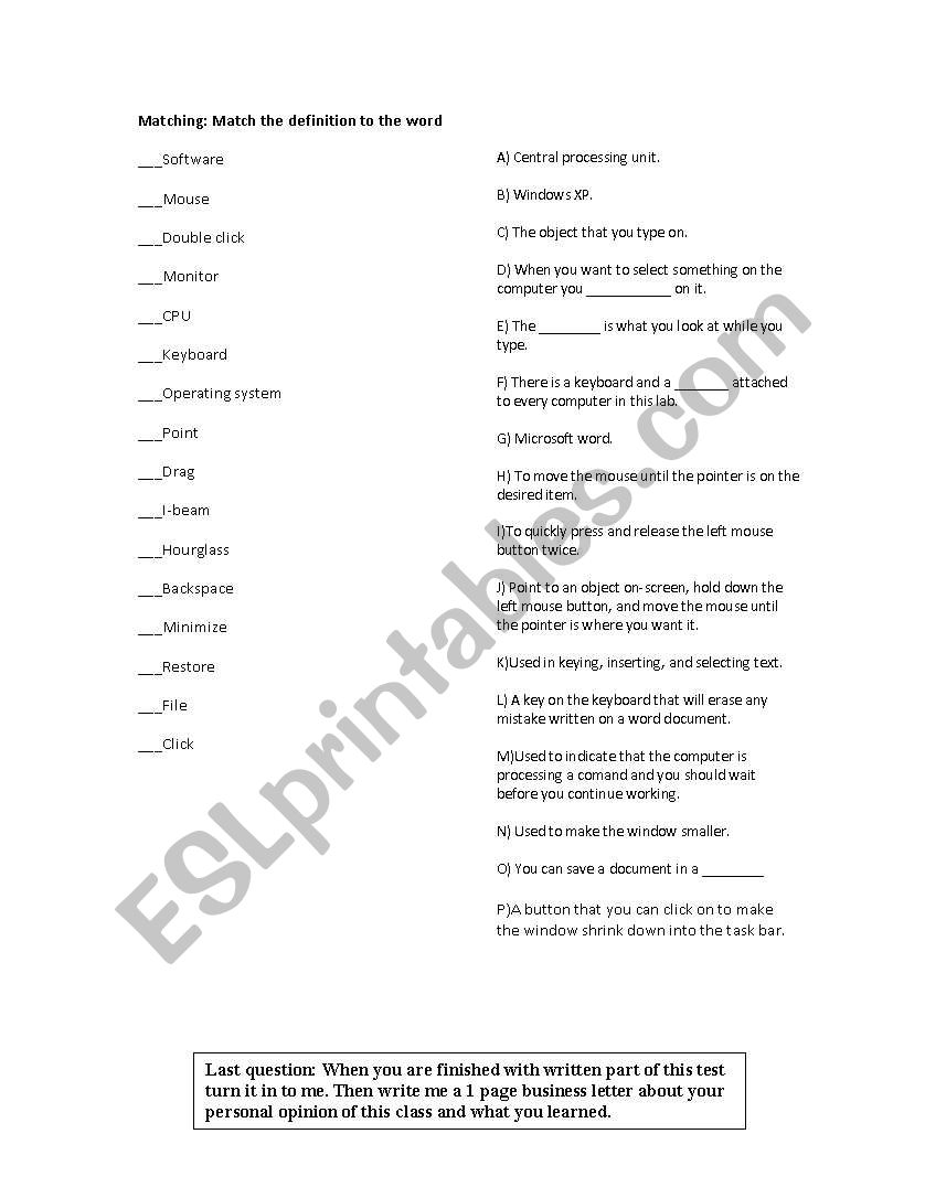 Computer vocabulary quiz worksheet