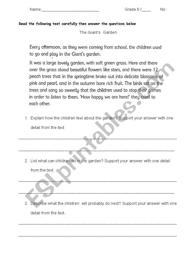 Graded reading comprehension worksheet