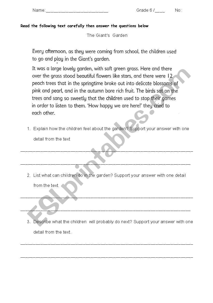 Graded reading comprehension worksheet