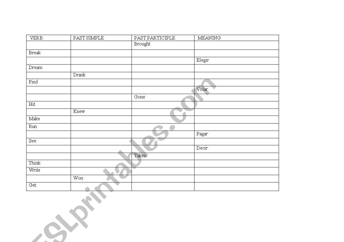 Irregular verbs test worksheet