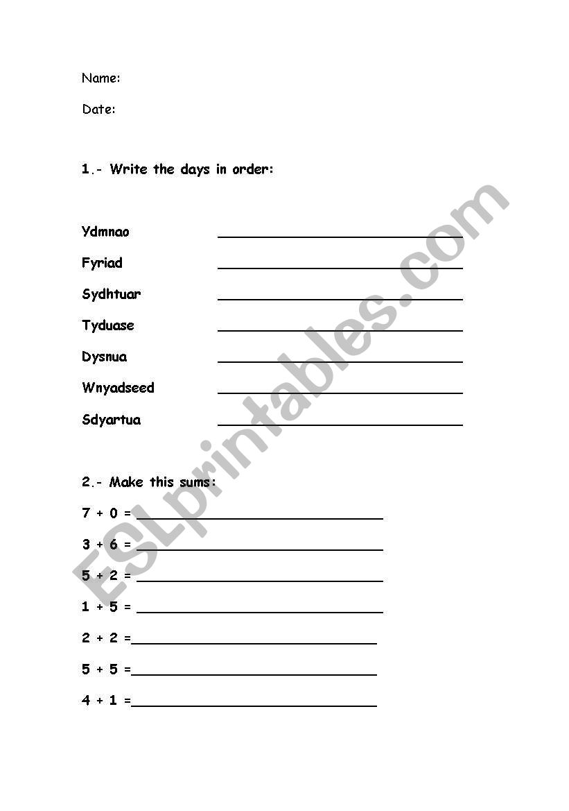 Days of the week worksheet