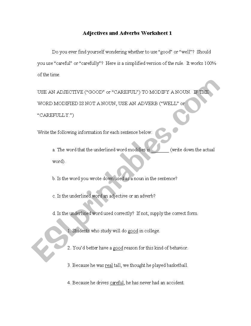 Adjective and Adverb Worksheet