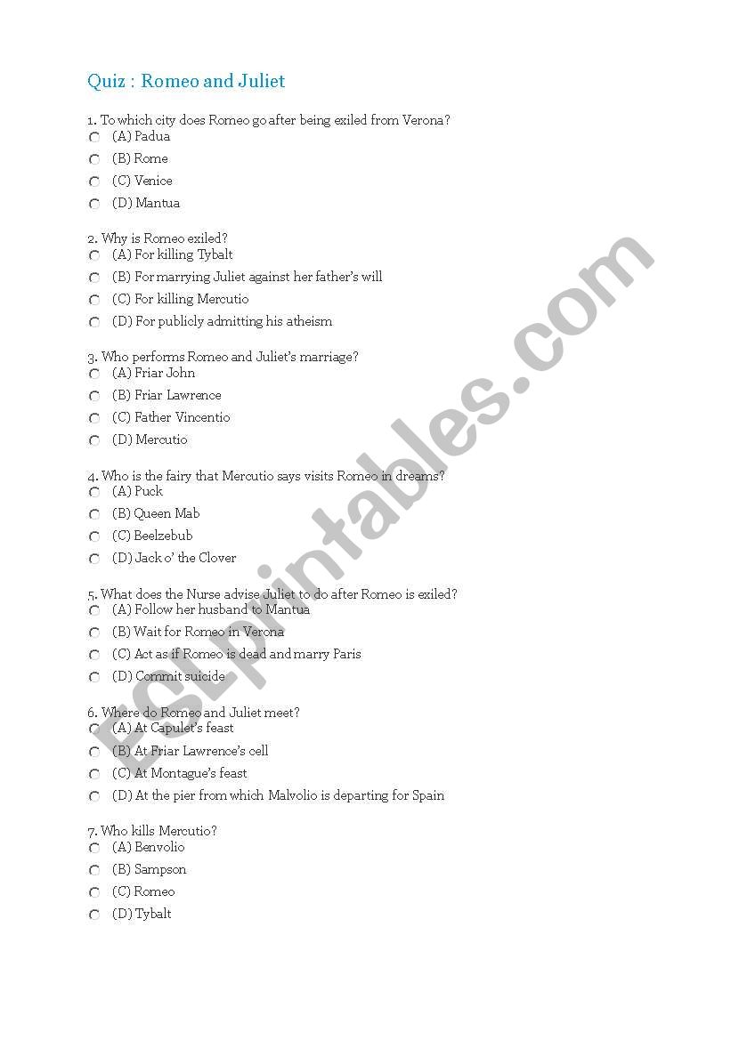Quiz on Romeo and Juliet worksheet