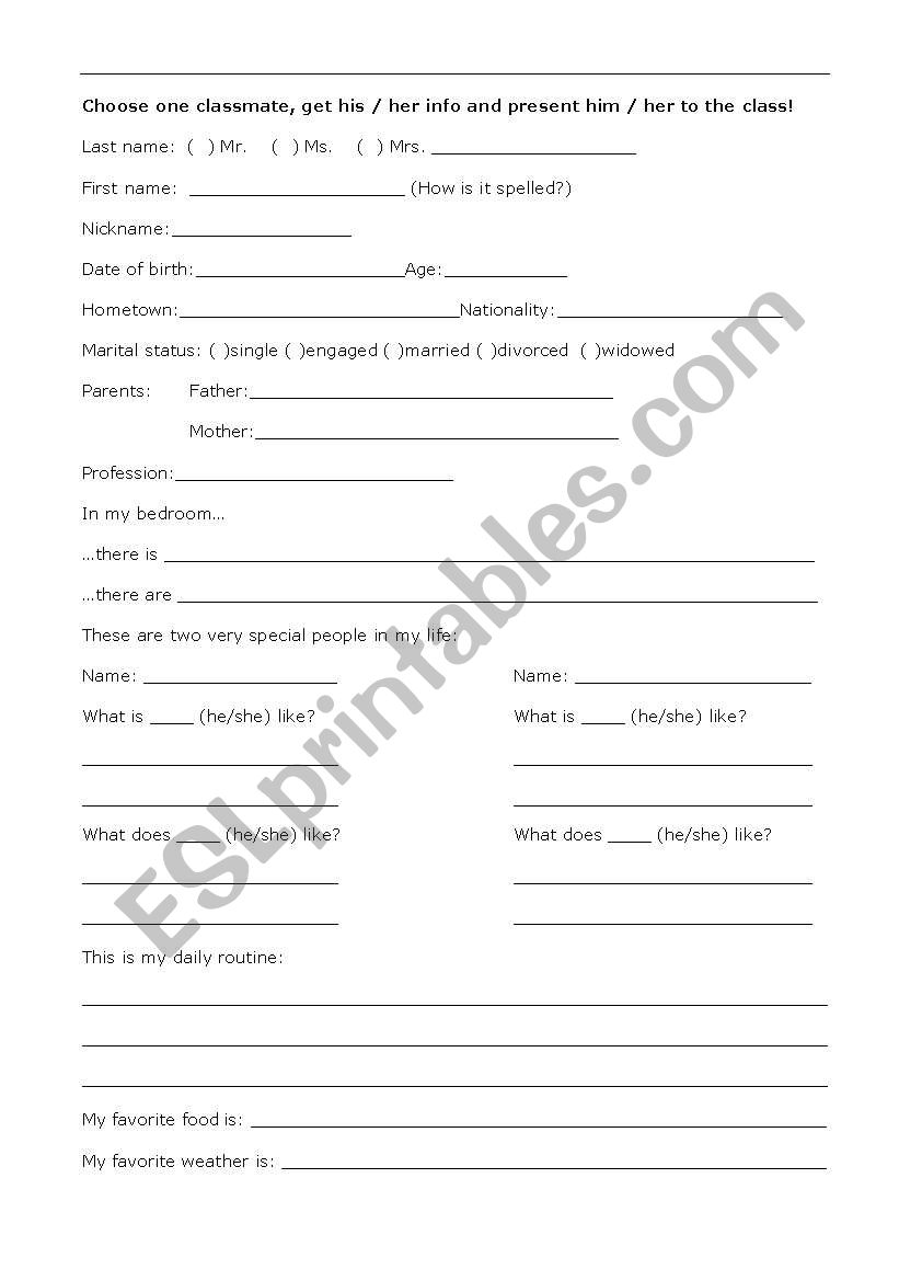 Classmate interview worksheet