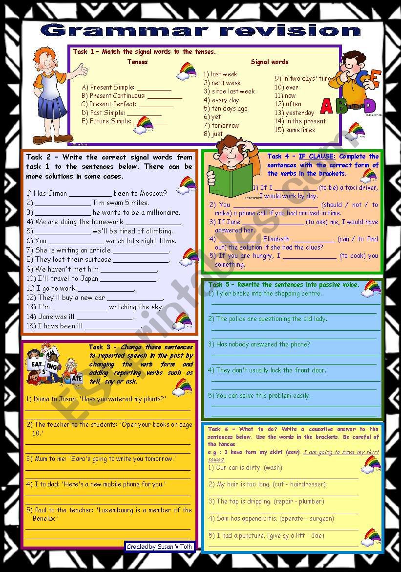 Grammar revision 1 ☺ 6 tasks ☺ for intermediate, upper-intermediate level ☺ 30 minute-test ☺ with key