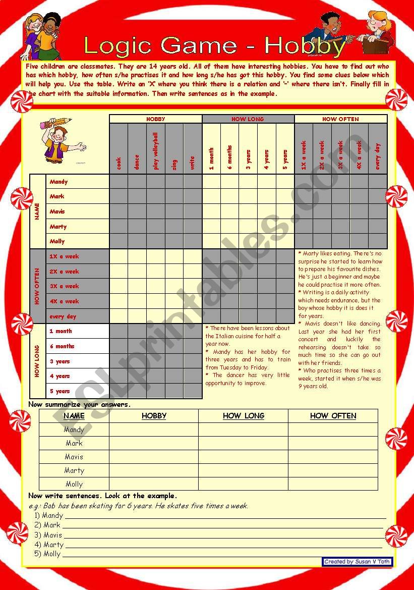 Logic game (3rd) ☺ HOBBY ☺ with key☺ for pre-intermediate and intermediate ss ☺ *** created with WORD 2003