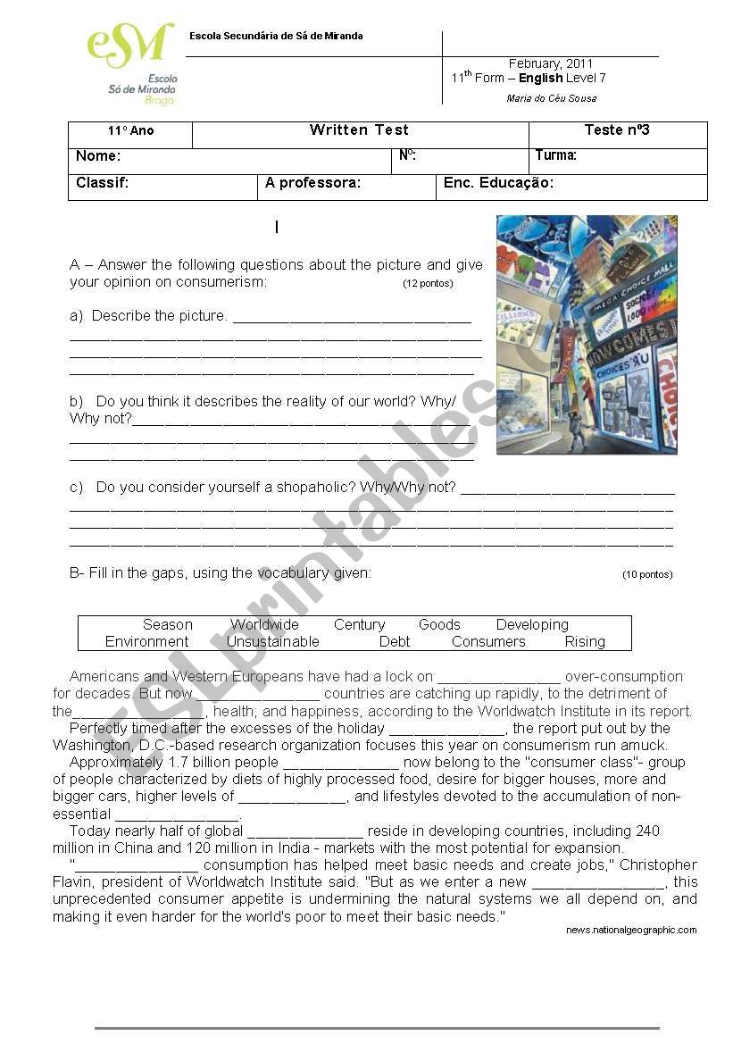 Consumerism worksheet