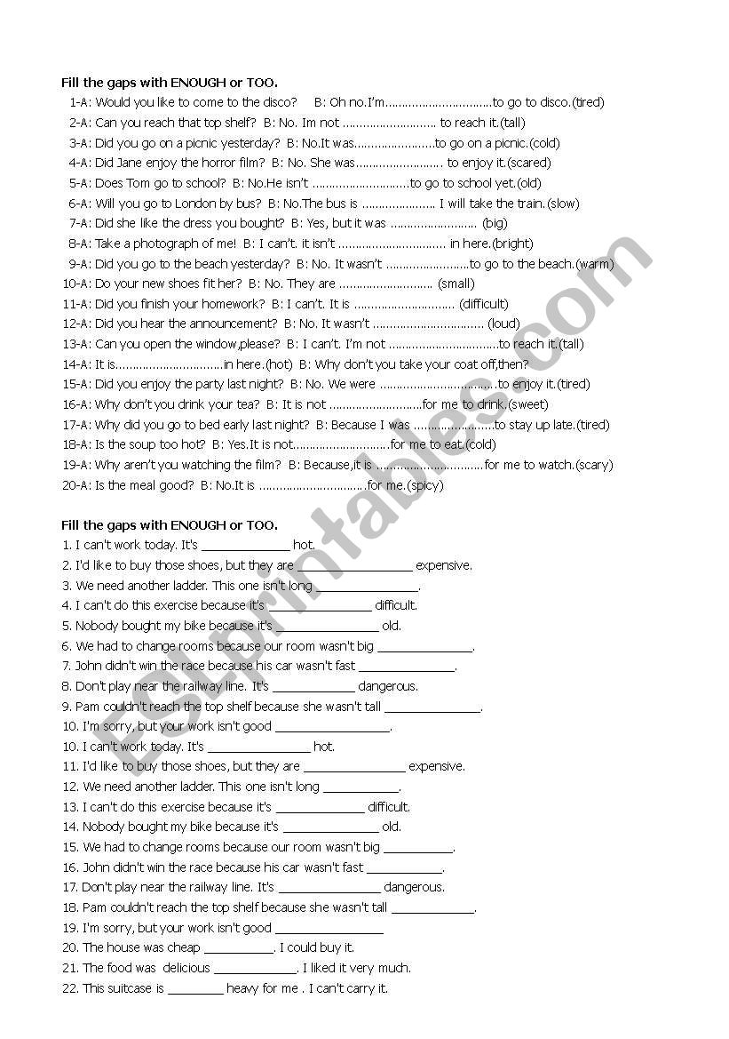 Too-enough worksheet