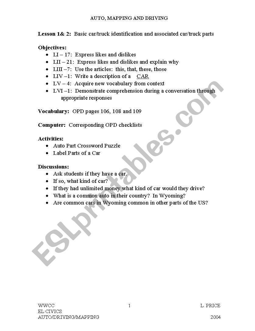 car element worksheet