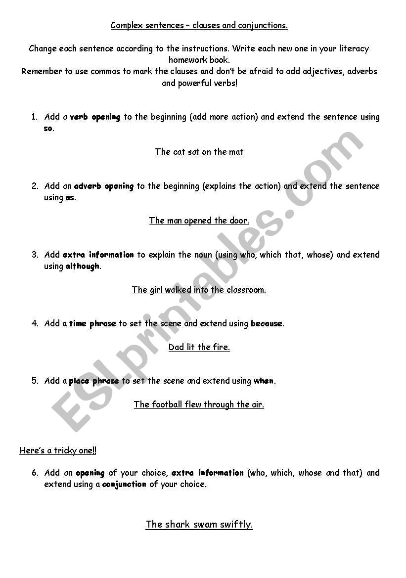 Complex sentances worksheet