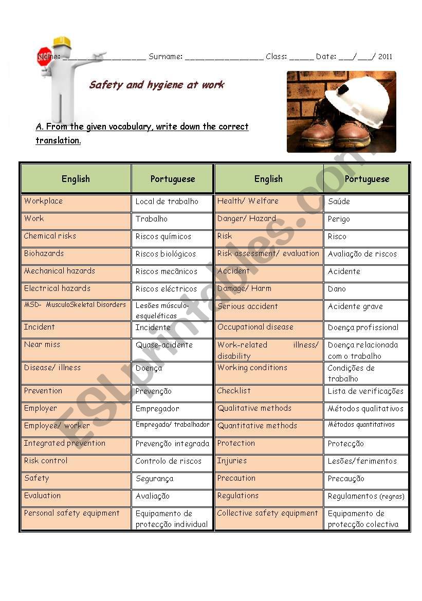 Safety and hygiene at work worksheet