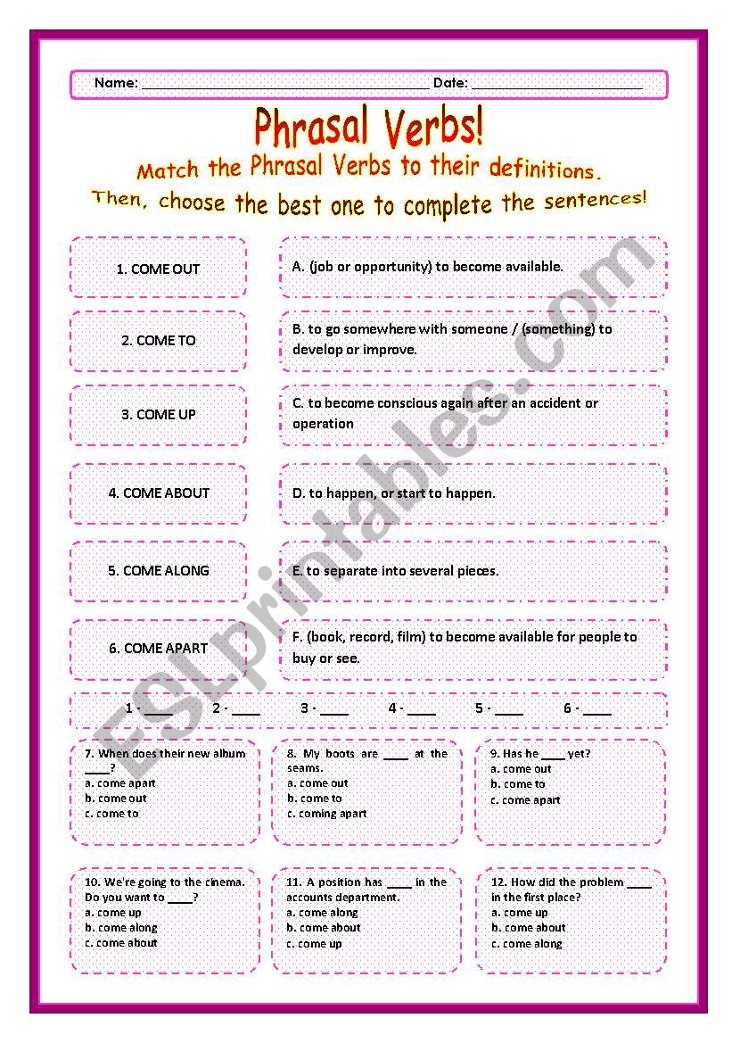 > Phrasal Verbs Practice 13! > --*-- Definitions + Exercise --*-- BW Included --*-- Fully Editable With Key!