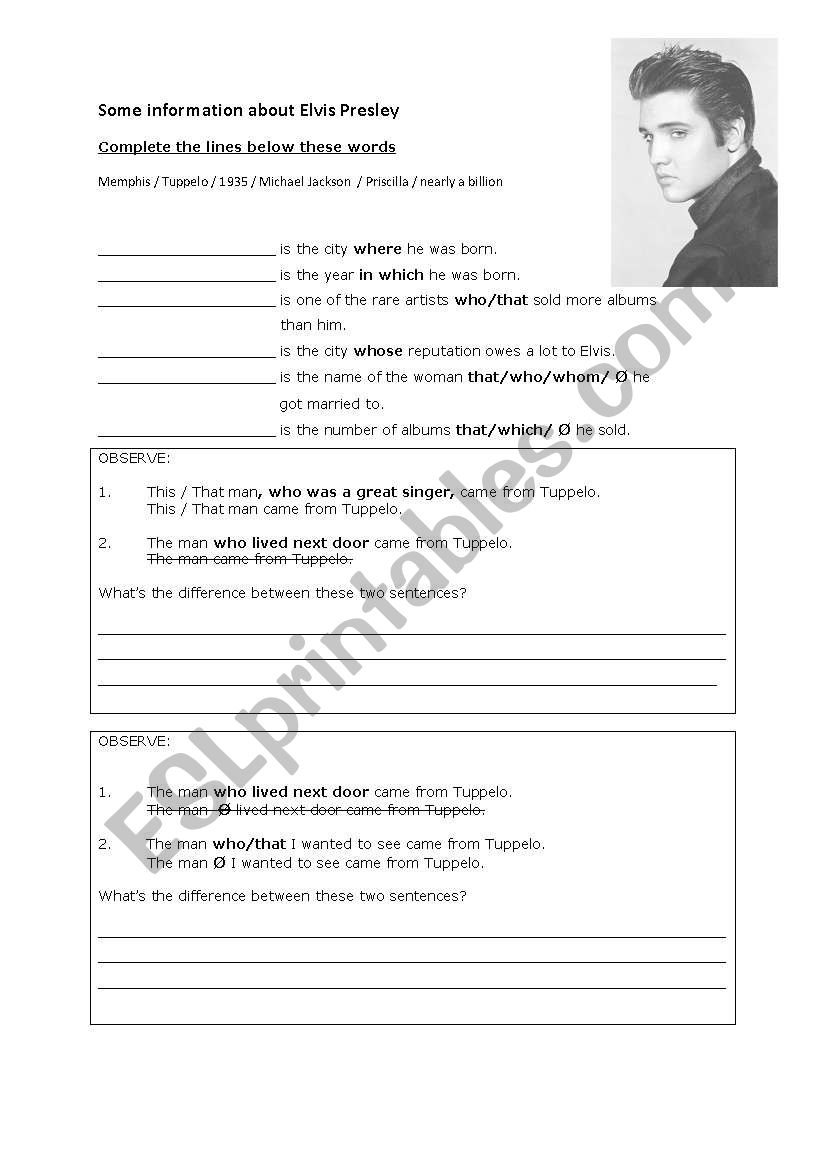 Relative Clause Elvis worksheet