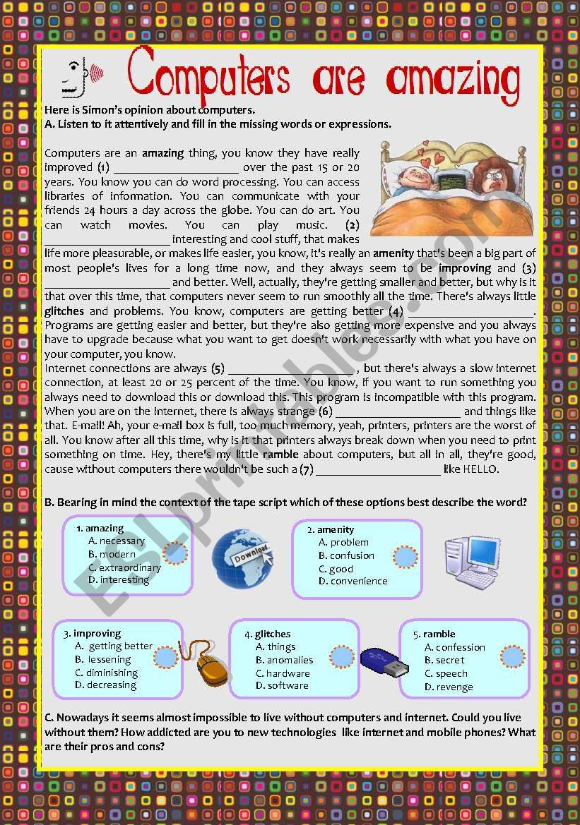 Listening Comprehension Â´Computers Are AmazingÂ´ + Filling in blanks + synonyms + KEY