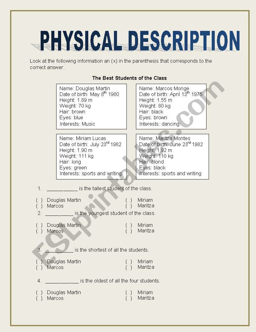 PHYSICAL DESCRIPTION worksheet