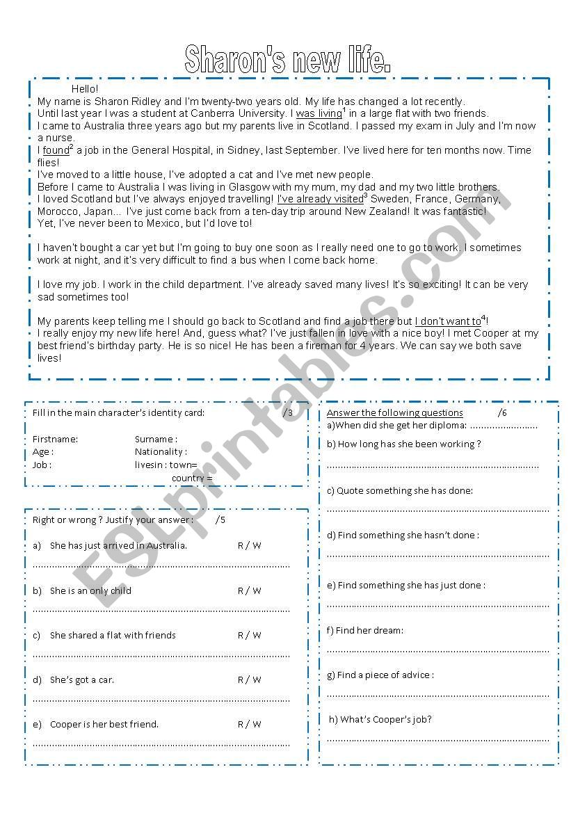 Sharons new life : reading activity / present perfect