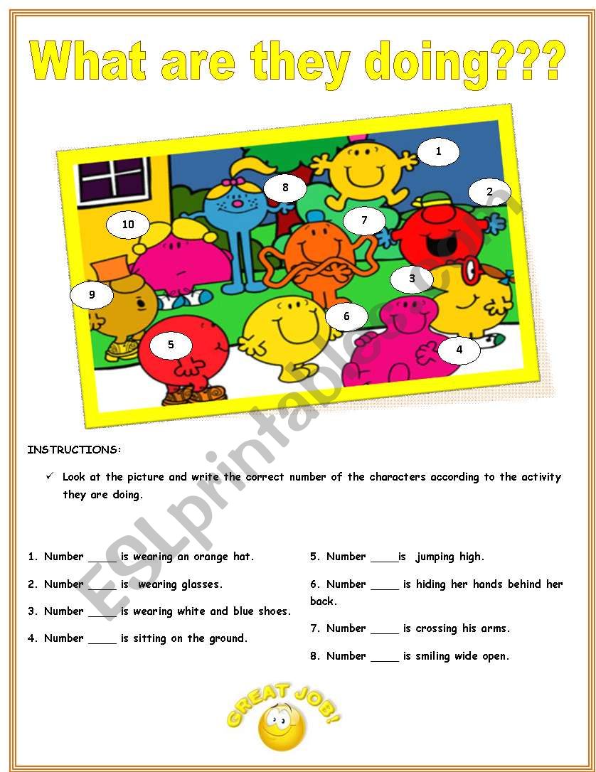 Present continuous practice with funny characters - ESL worksheet by  ivettemoreno