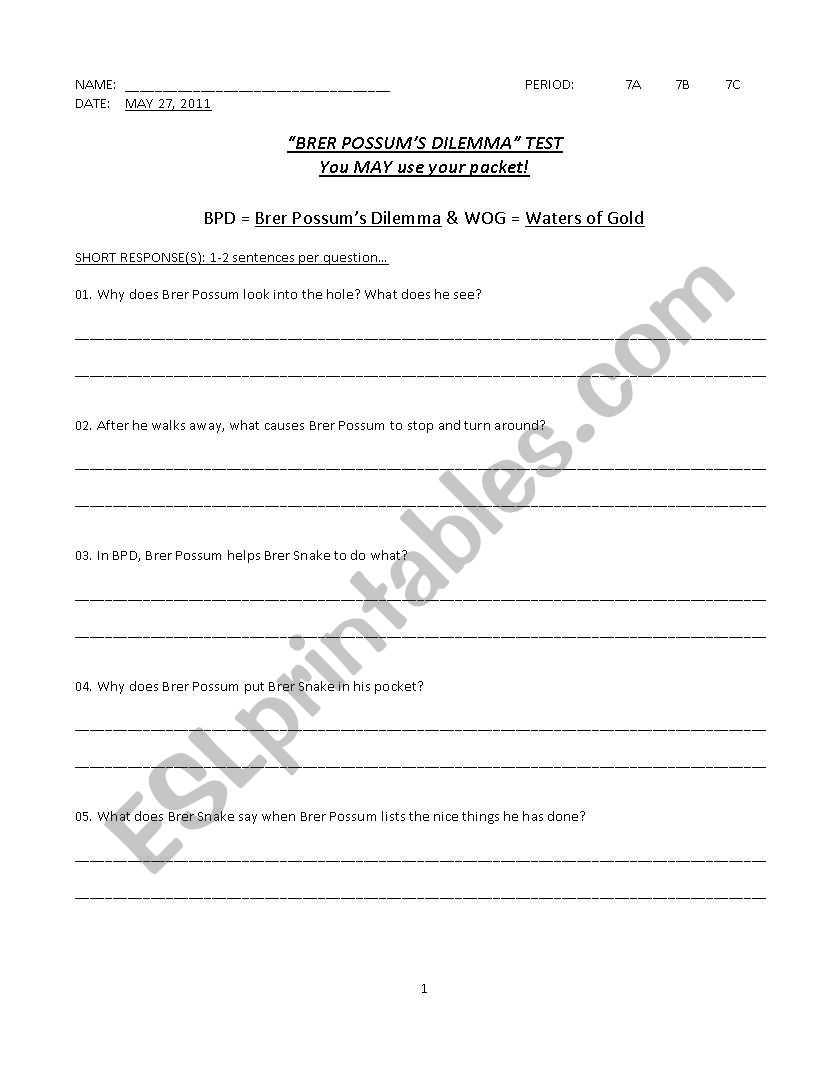 Brer Possum Assessment worksheet