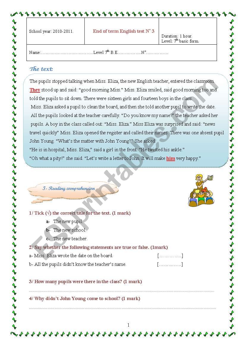 End of term test for 7th form worksheet