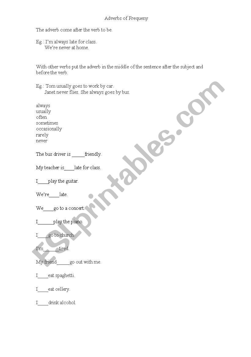 Adverbs of Frequency worksheet