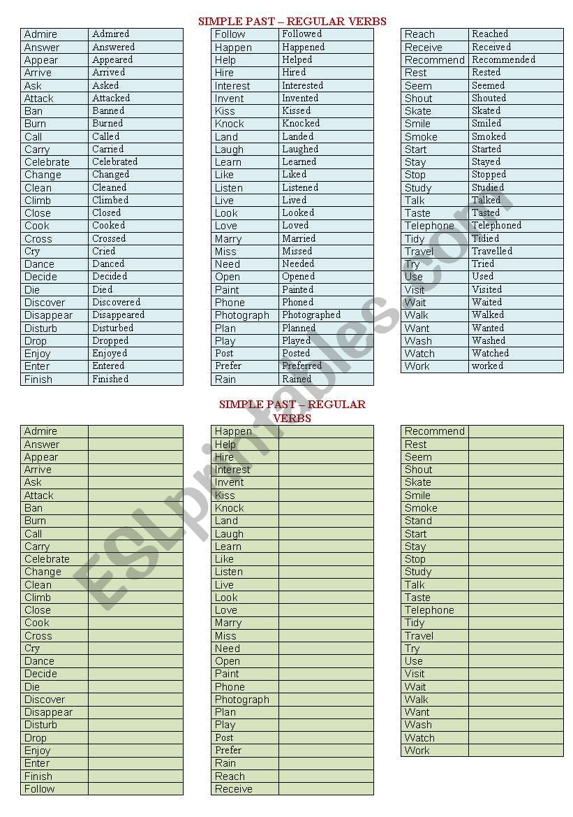 REGULAR VERBS, LIST AND WORKSHEET