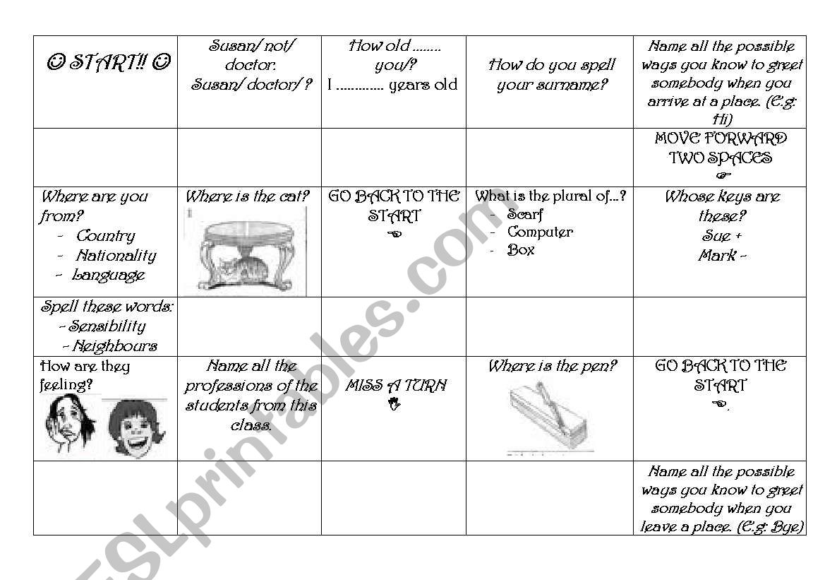Board game worksheet
