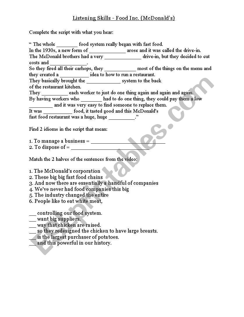 Food Inc Documentary segment - McDonald´s - ESL worksheet by For Food Inc Movie Worksheet