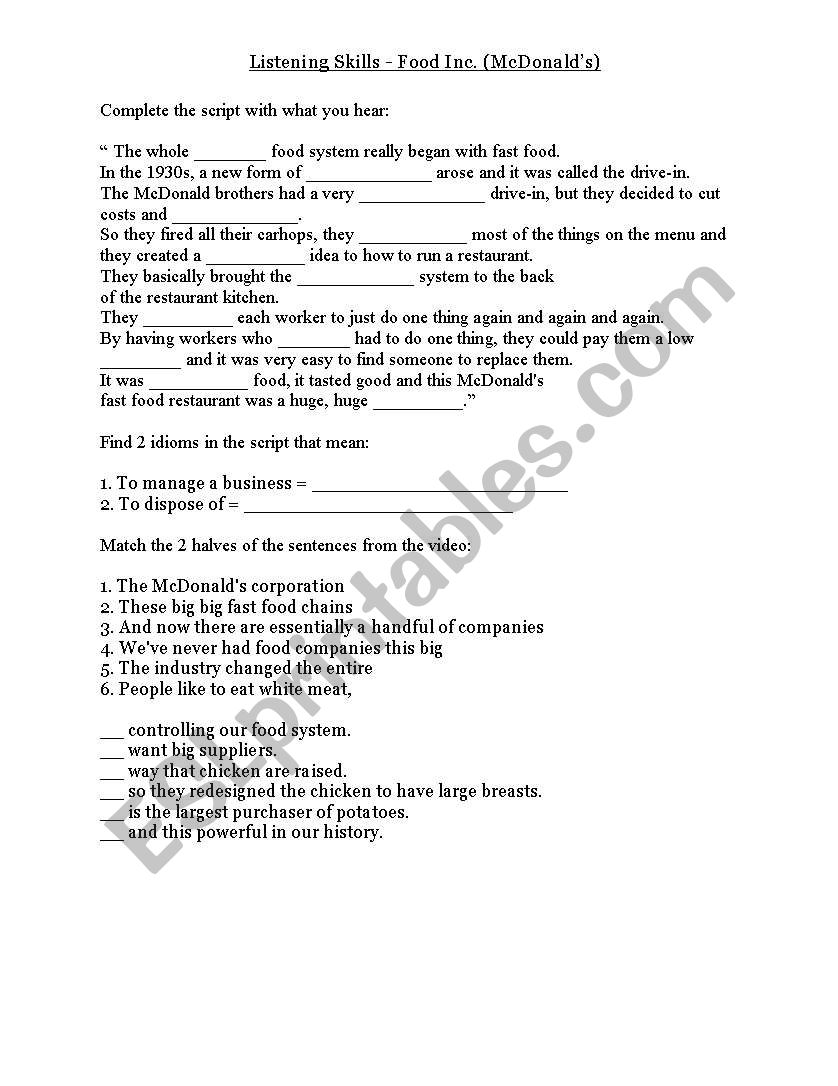 Food Inc Documentary segment - McDonald´s - ESL worksheet by Within Food Inc Movie Worksheet