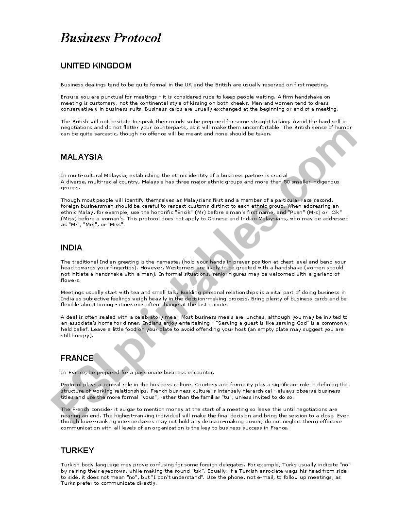 Business Protocol handout worksheet