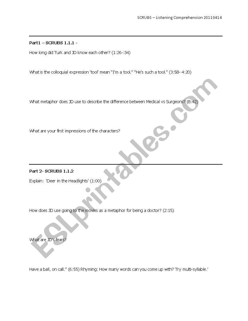 Scrubs Worksheet - Listening comprehension worksheet