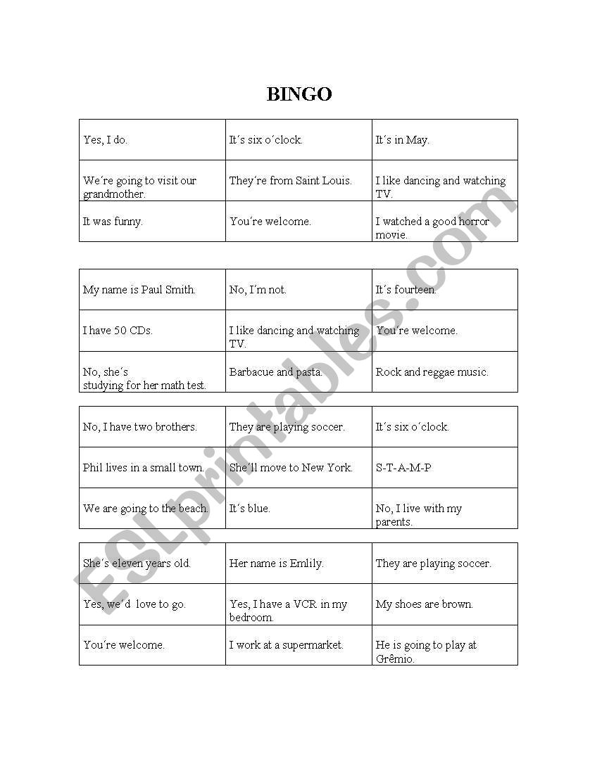 Bingo to be worksheet