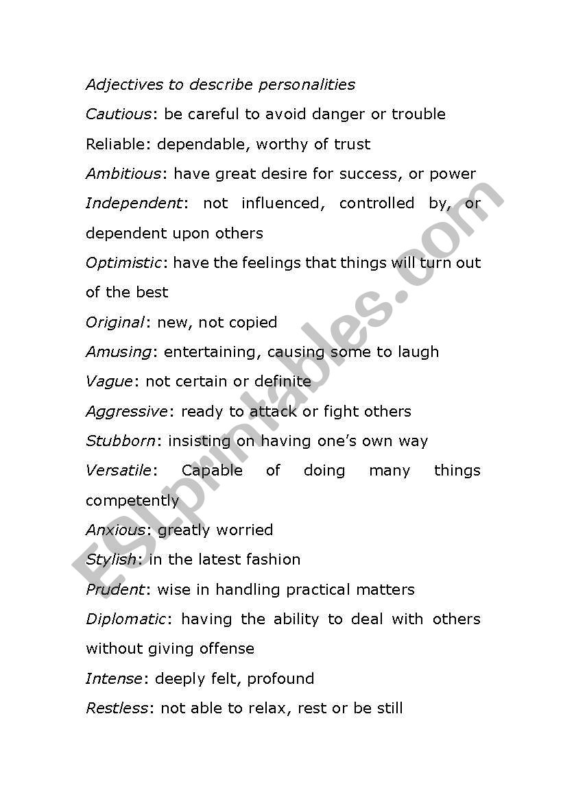 Adjs to describe personalities