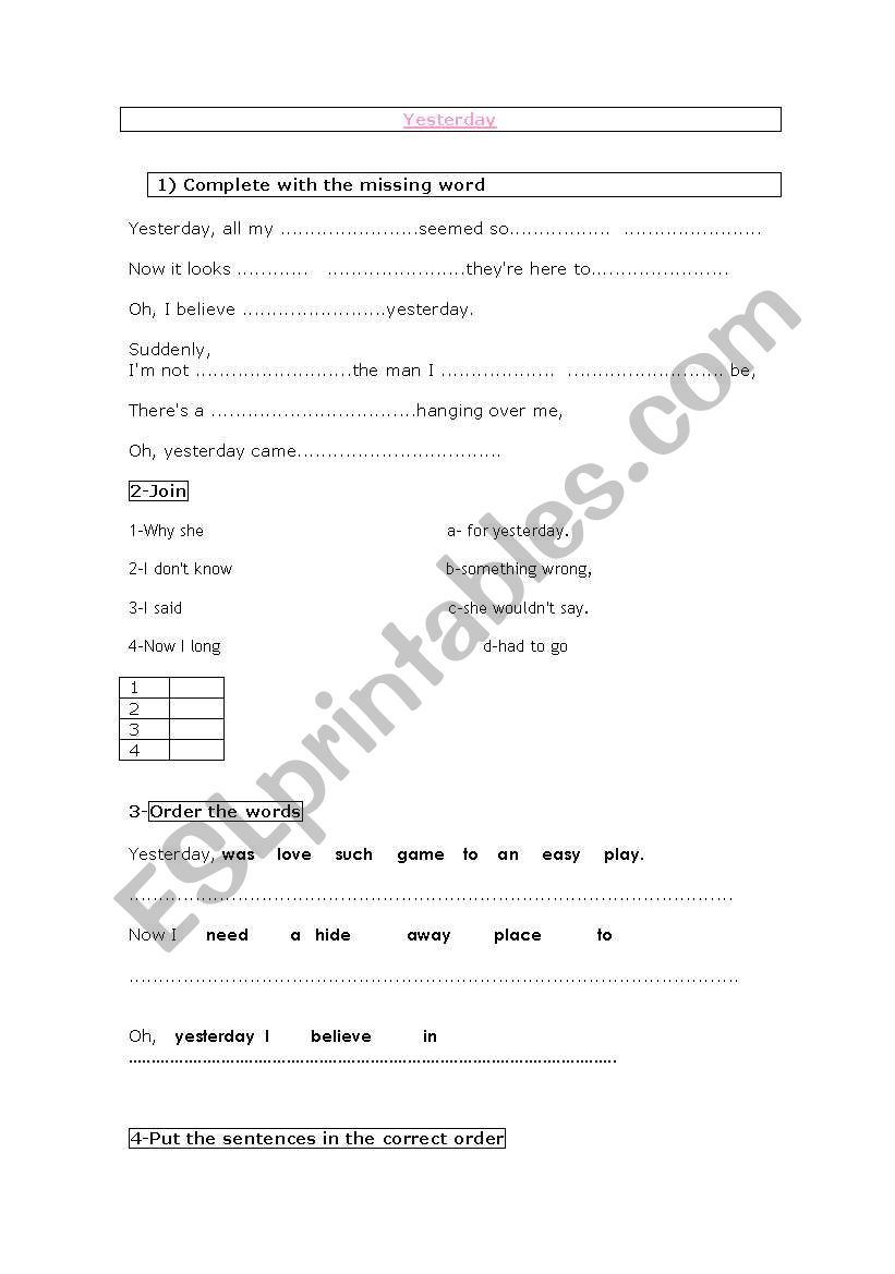YESTERDAY worksheet