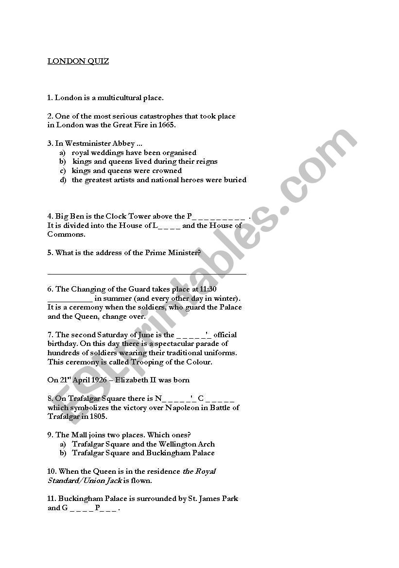 London quiz worksheet