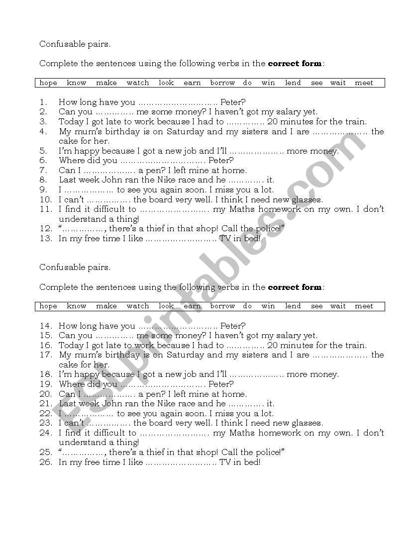 confusable pairs of verbs worksheet