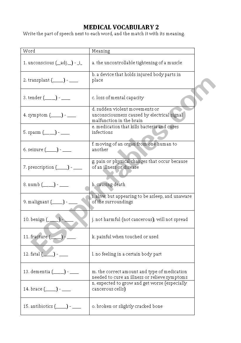 Medical Vocabulary 2 worksheet