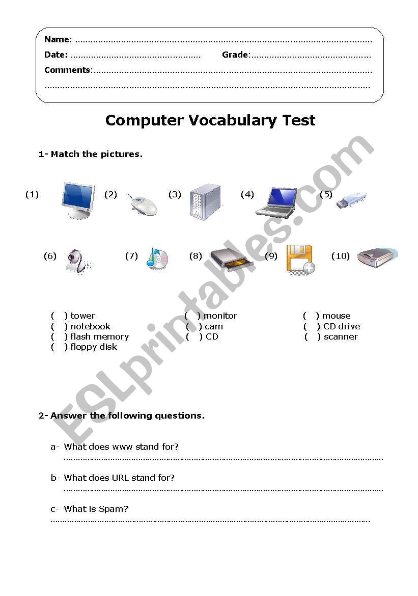 Computer Vocabulary test worksheet