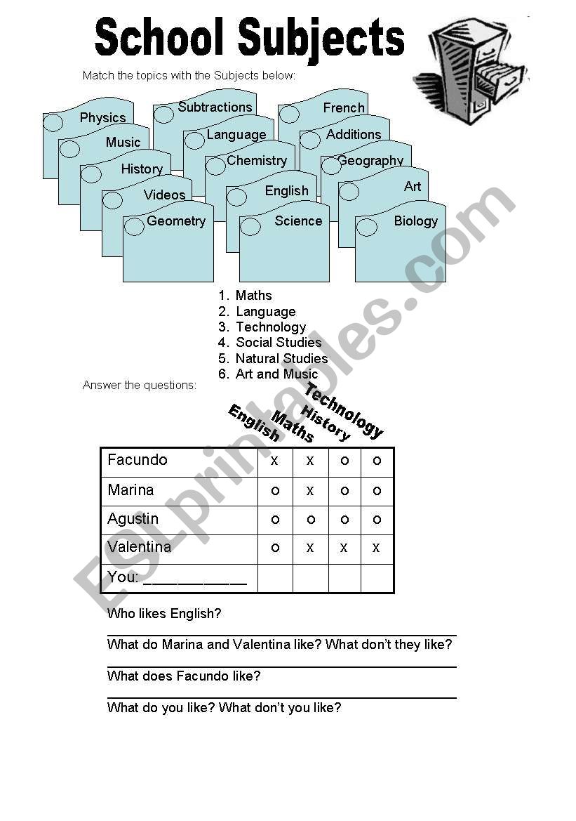 School subjects worksheet