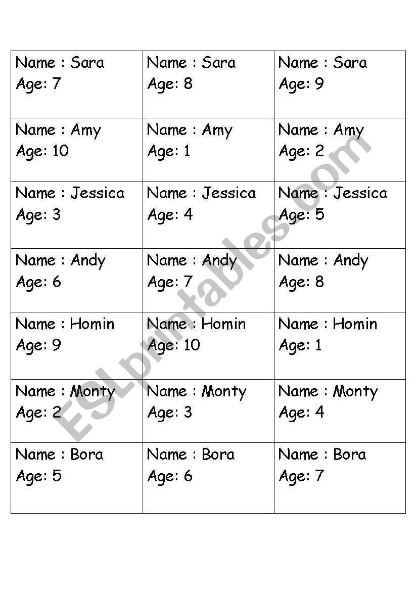 Asking name and age game worksheet