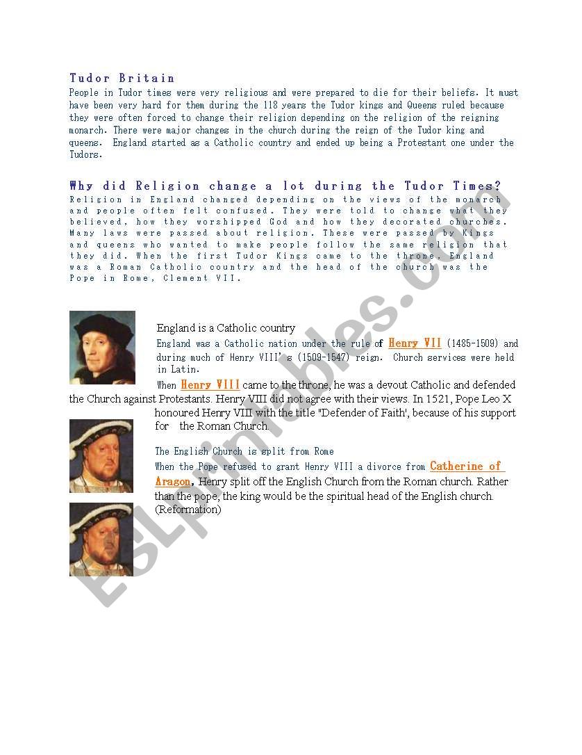 information about tudor times worksheet