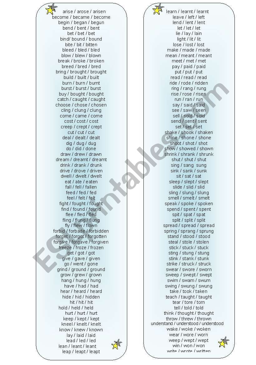 Irregular Verbs Bookmarks worksheet