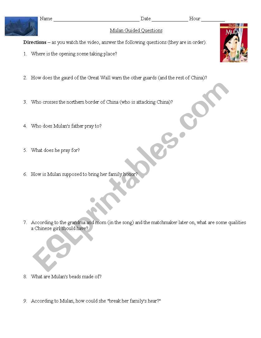 Disney Mulan Video Worksheet Questions