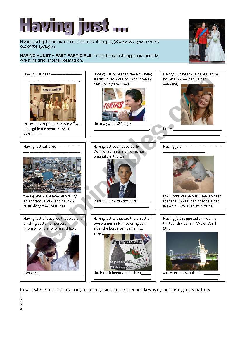 Â´Having justÂ´ worksheet: starting sentences with participles