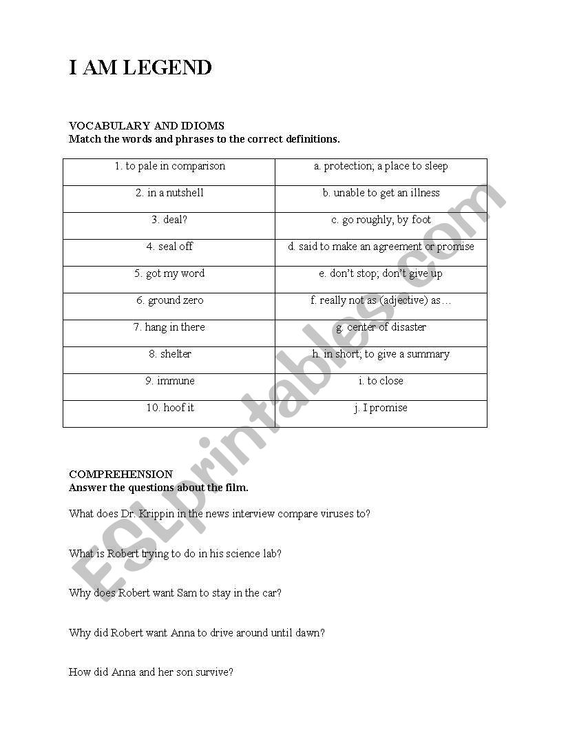 I Am Legend Movie Worksheet worksheet