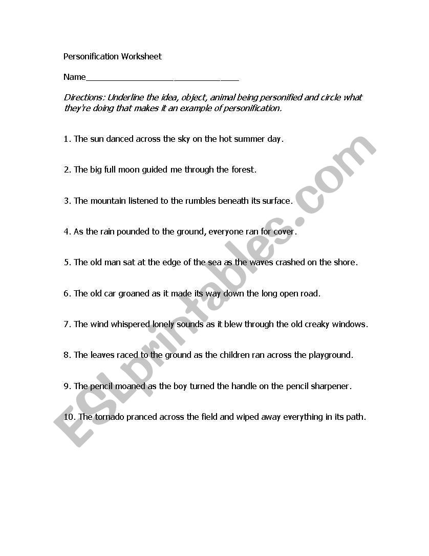 Personification Practice worksheet