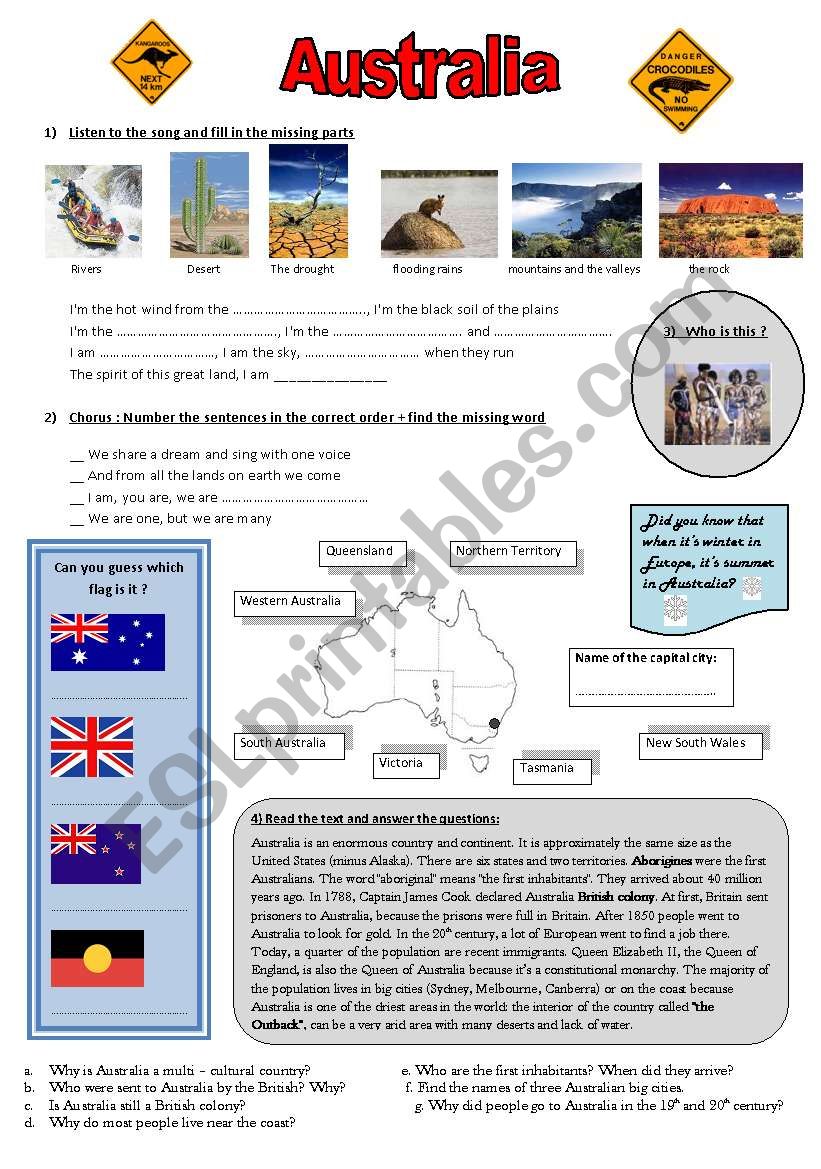 Discover Australia - song, video extract and written comprehension  **editable & answers**