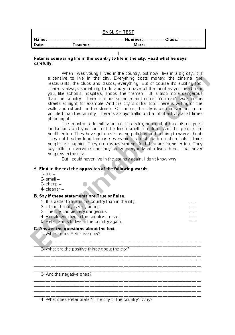 English Test 8th worksheet